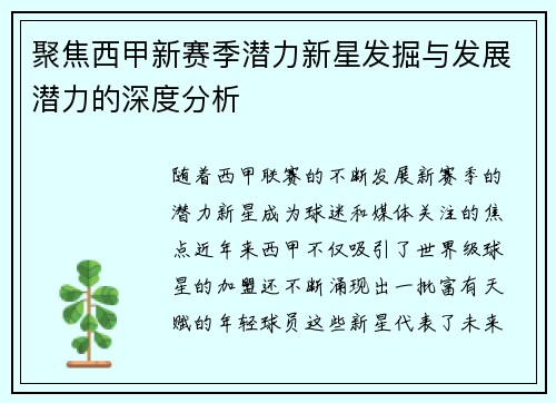 聚焦西甲新赛季潜力新星发掘与发展潜力的深度分析
