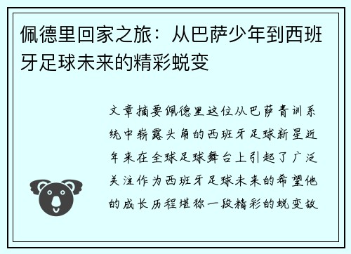 佩德里回家之旅：从巴萨少年到西班牙足球未来的精彩蜕变